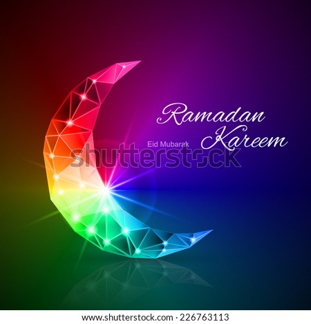 Raster version. Ornate Crescent in rainbow shades. Greeting card of holy Muslim month Ramadan