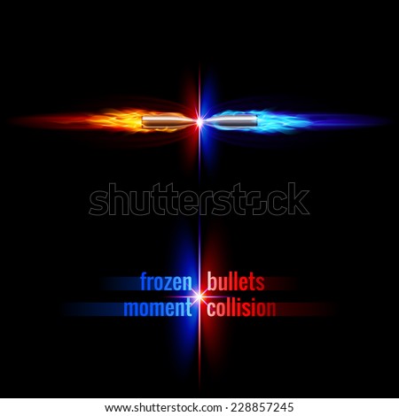 Raster version. Frozen moment of two bullets collision in orange and blue flame