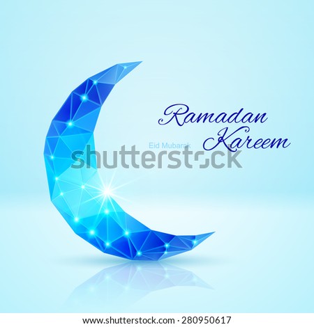 Raster version. Glowing ornate crescent in blue shades. Greeting card of holy Muslim month Ramadan