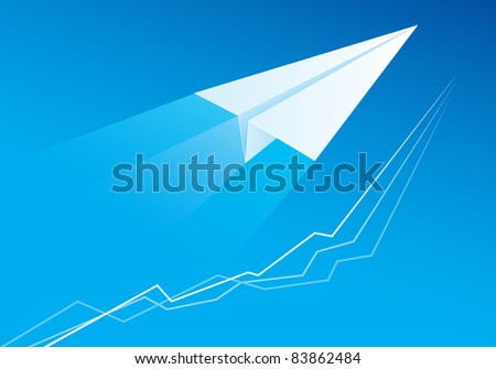 Raster version. Flying Paper Airplane. Illustration for design on blue background