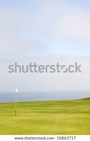 Green on a golf course with a red flag on a yellow flag pole.