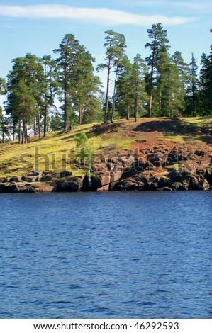 hill with trees near blue sea and under blue sky