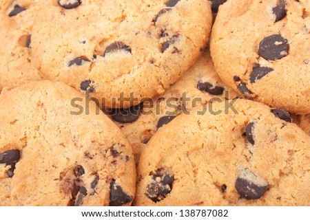 Background of delicious cookies with chocolate chips, food photos