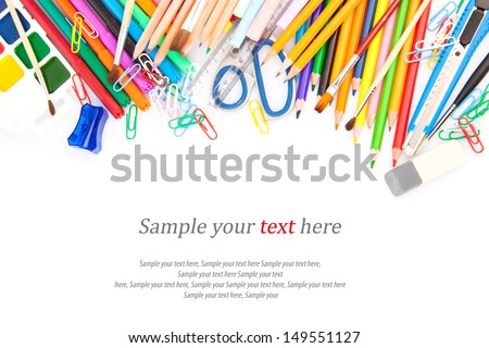 Stationery, office and student accessories & text isolated on white background.