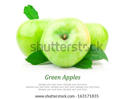Big green juicy apple with leaves & text, isolated on white background