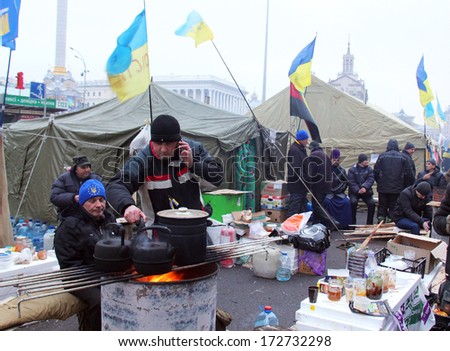 KIEV, UKRAINE - 13 DECEMBER: Protest on Euromaydan in Kiev against the president Yanukovych did not sign the contract between European Union and Ukraine on 13 December, 2013 in Kiev, Maidan, Ukraine