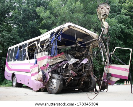 KOVEL, UKRAINE - JULY 11: Scene of bus crash where nine Ukrainian, Belarussian and Bulgarian Tourists were died and as many as 30 others were injured July 11, 2013 just outside Kovel, Ukraine.