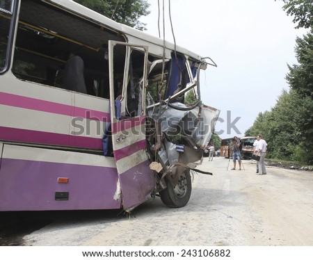 KOVEL, UKRAINE - JULY 11: Scene of bus crash where nine Ukrainian, Belarusian and Bulgarian Tourists died and as many as 30 others were injured July 11, 2013 just outside Kovel, Ukraine.