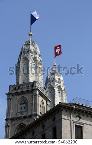 Two towers with flags of country and canton