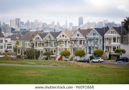 The shot of seven houses called The Painted Ladies at Alamo Square, San Francisco, USA