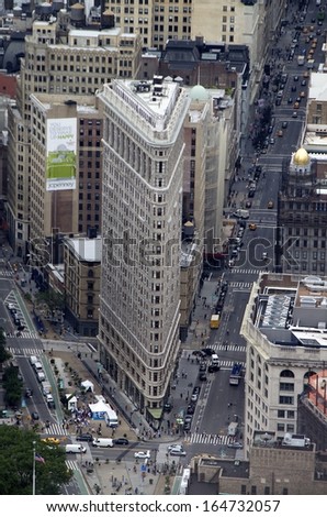 NEW YORK CITY, NY - JUNE 7th: Flatiron Building aerial view on June 7th, 2012 in New York City. Flatiron building designed by Chicago\'s Daniel Burnham was designated a New York City landmark in 1966.