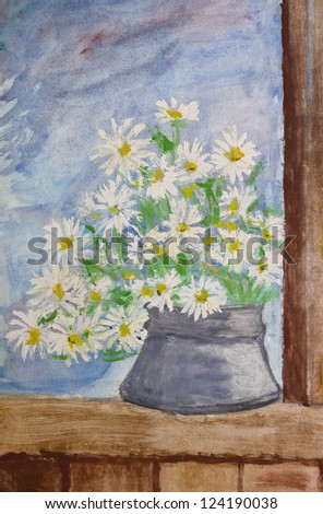 Still life painting with tempera paints of a nice bouquet of daisies over a bright blue background. Painting done by 11 years old kid.