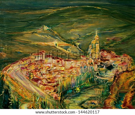An oil painting on canvas of fairytale kingdom, far away in the dark shadows of a mystic mountain lands.