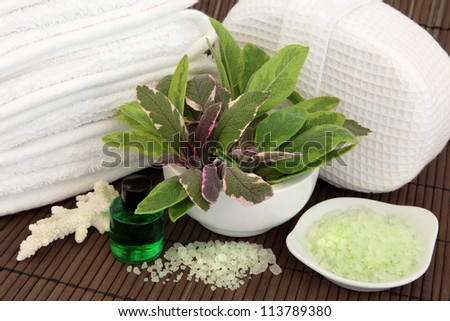 Sage herb leaf varieties in a porcelain mortar with pestle, white towels, towel sponge, coral shell, aromatherapy spa essential oil bottle and bath salts over bamboo background.