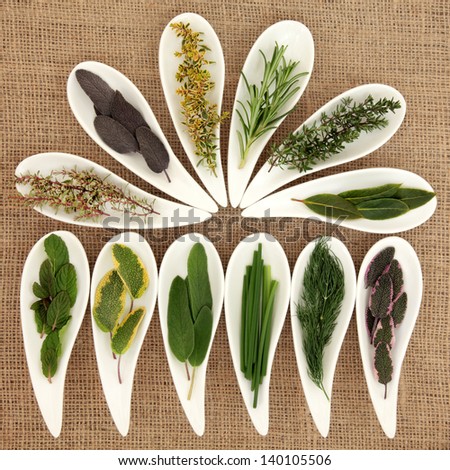Herb selection of varieties of thyme, sage, rosemary, fennel, mint, chives and bay leaf sprigs in white leaf shaped dishes over hessian background.