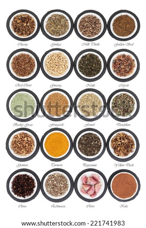 Liver detox health food selection in porcelain dishes on slate rounds and over white background with titles.