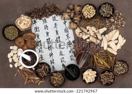 Chinese herbal medicine with acupuncture needles and asian script. Translation describes chinese herbal medicine as increasing the bodys ability to maintain body and spirit health and balance energy.