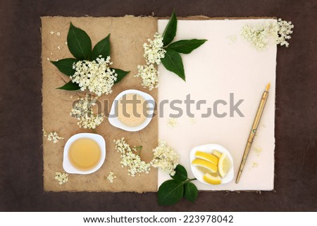Elderflower champagne ingredients with old pen over natural hemp notebook and lokta paper background.