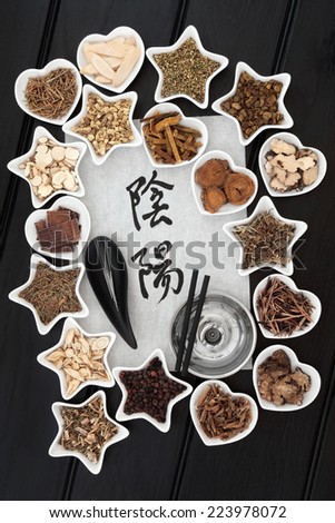 Chinese herbal medicine selection with acupuncture needles, moxa sticks and calligraphy script of yin and yang symbols on rice paper. Translation reads as yin yang.