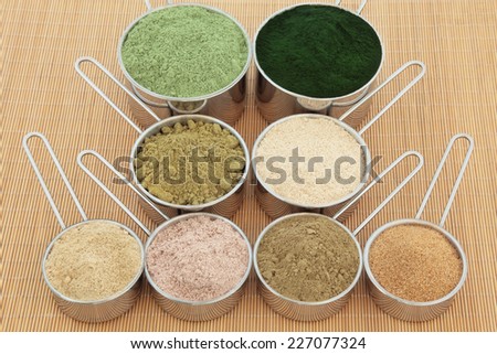 Protein powder health food supplements in metal scoops. Wheat grass, spirulina, hemp, maca root, ginseng, chocolate whey, ginkgo biloba, pomegranate. Top to bottom, left to right.