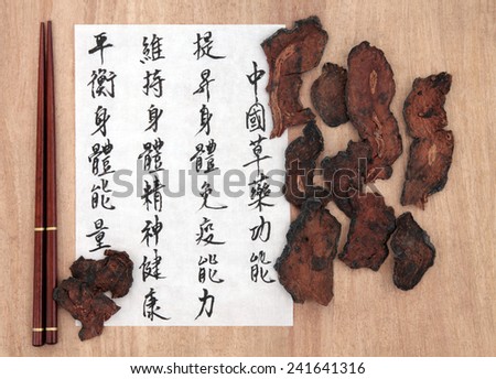 Cibota tuber chinese herbal medicine with calligraphy script. Translation describes chinese herbal medicine as increasing the bodys ability to maintain body and spirit health and balance energy.