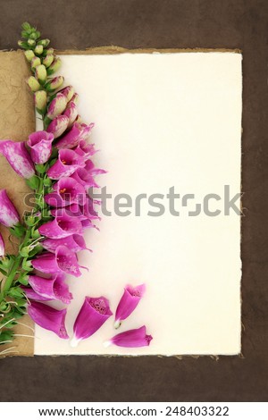 Foxglove flower border on a natural hemp notebook and brown paper background. Digitalis pupurea.