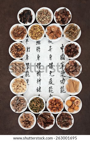 Chinese herbal medicine selection in porcelain dishes with calligraphy script. Translation describes the functions to increase the bodys ability to maintain body and spirit health and balance energy.
