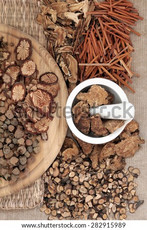 Chinese herbal medicine selection with mortar and pestle.