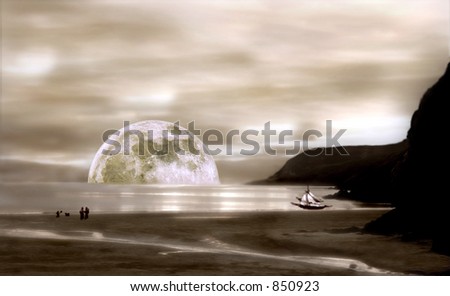 A huge Moon rising over the sea in a strange dimension with a beach, people, boats and a cliff in silhouette.