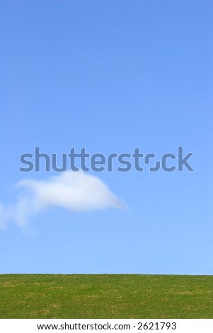 Landscape of grass against a clear blue sky with one alto  cumulus cloud.