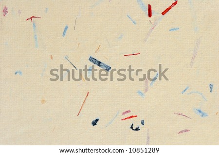 Handmade cream paper with red and blue abstract shaped flecks.