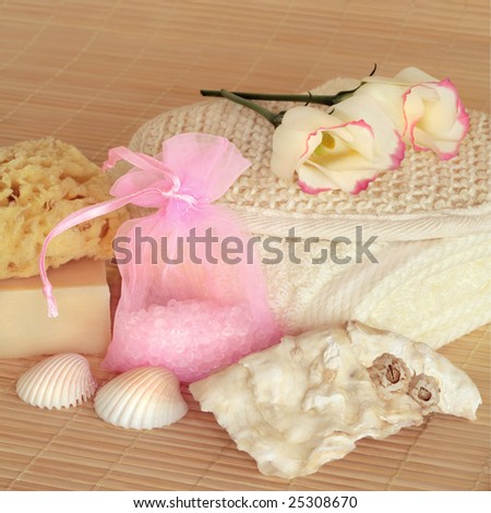 Natural cleansing skincare products with flannel,  sponge, soap, rose essence bath salts in net bag , sisal body scrub, oyster shell, small shells and roses. Set against a bamboo background.