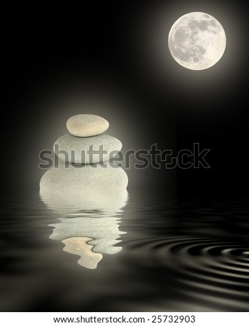 Zen garden abstract of glowing grey spa stones in perfect balance and a full moon with reflection in  rippled water, over black background.