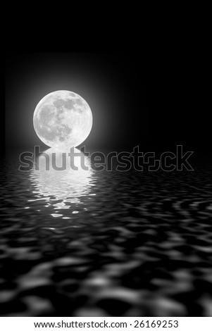Abstract of a full moon on the spring equinox with reflection over rippled water against a black sky.