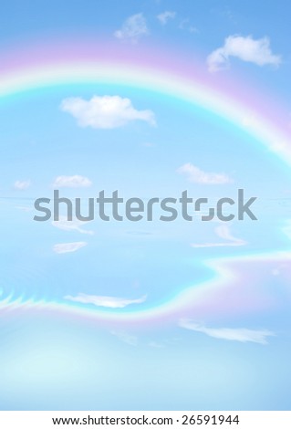 Fantasy abstract of double rainbows against a blue sky with reflection over rippled water.