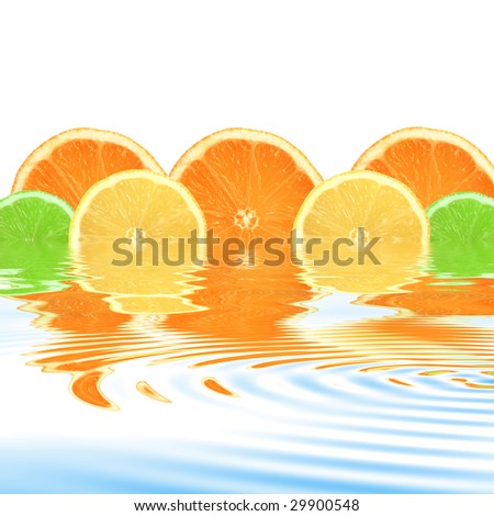 Lemon, lime and orange citrus fruit slices with reflection in rippled water, over white background.