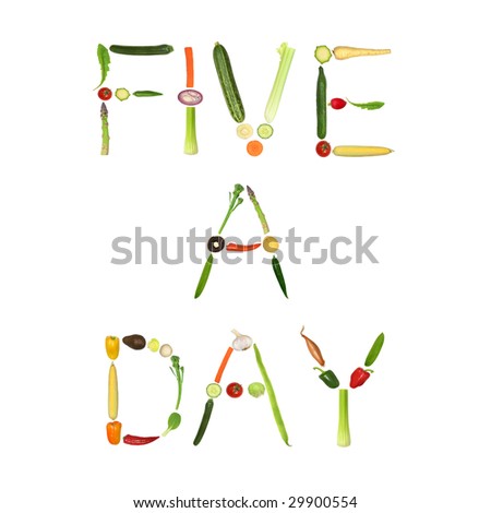 Vegetable selection spelling the words five a day, over white background.