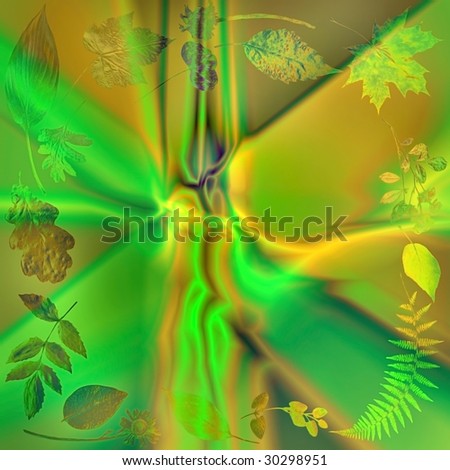 Abstract leaf design over vivid green and gold background.