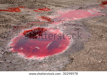 Red diesel pollution spill on muddy earth.