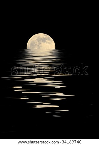 Spring Equinox Full Moon. stock photo : Golden full moon on the Spring Equinox, with reflection in rippled water