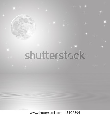 Moon and star abstract over rippled silver water.