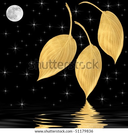 Fantasy abstract of golden hosta leaves with full moon and stars with reflection in rippled water, over black background.