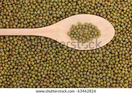 Mung berken bean pulses in a wooden spoon forming a background.