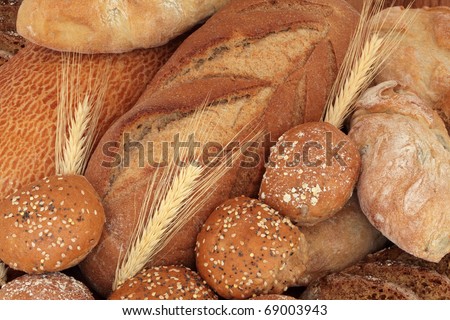 Bread loaf selection of soda, tiger bloomer, french navette, olive and rye  breads, with brown granary rolls and ears of wheat.