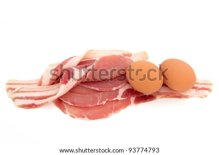 Eggs and rashers of bacon  uncooked isolated over white background.