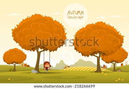 Cheerful children play outdoors Vector illustration of Autumn theme Cheerful children play outdoors Vector illustration of Autumn theme
