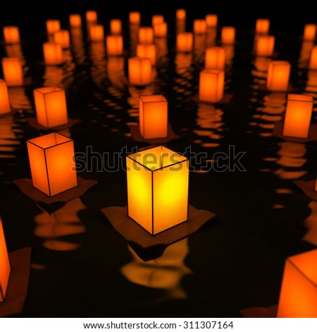 Unique sky lantern on water. Conception of innovation. 3d render