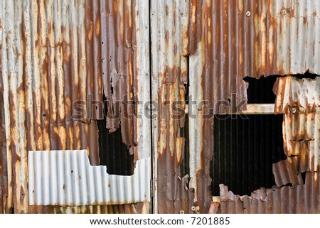 Metal Paneling with Screws Very Rusted and Dented, Texture Background, Horizontal