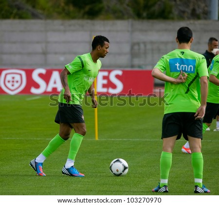 OBIDOS, PORTUGAL - MAY 21: Nani , portuguese player practice to Euro 2012 May 21, 2012 in Obidos, Portugal