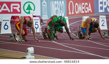 LEIRIA, PORTUGAL - MAY 20: SPAR European Team Championship runners break out of blocks in the 100 meters men , May 20, 2009 in Leiria,